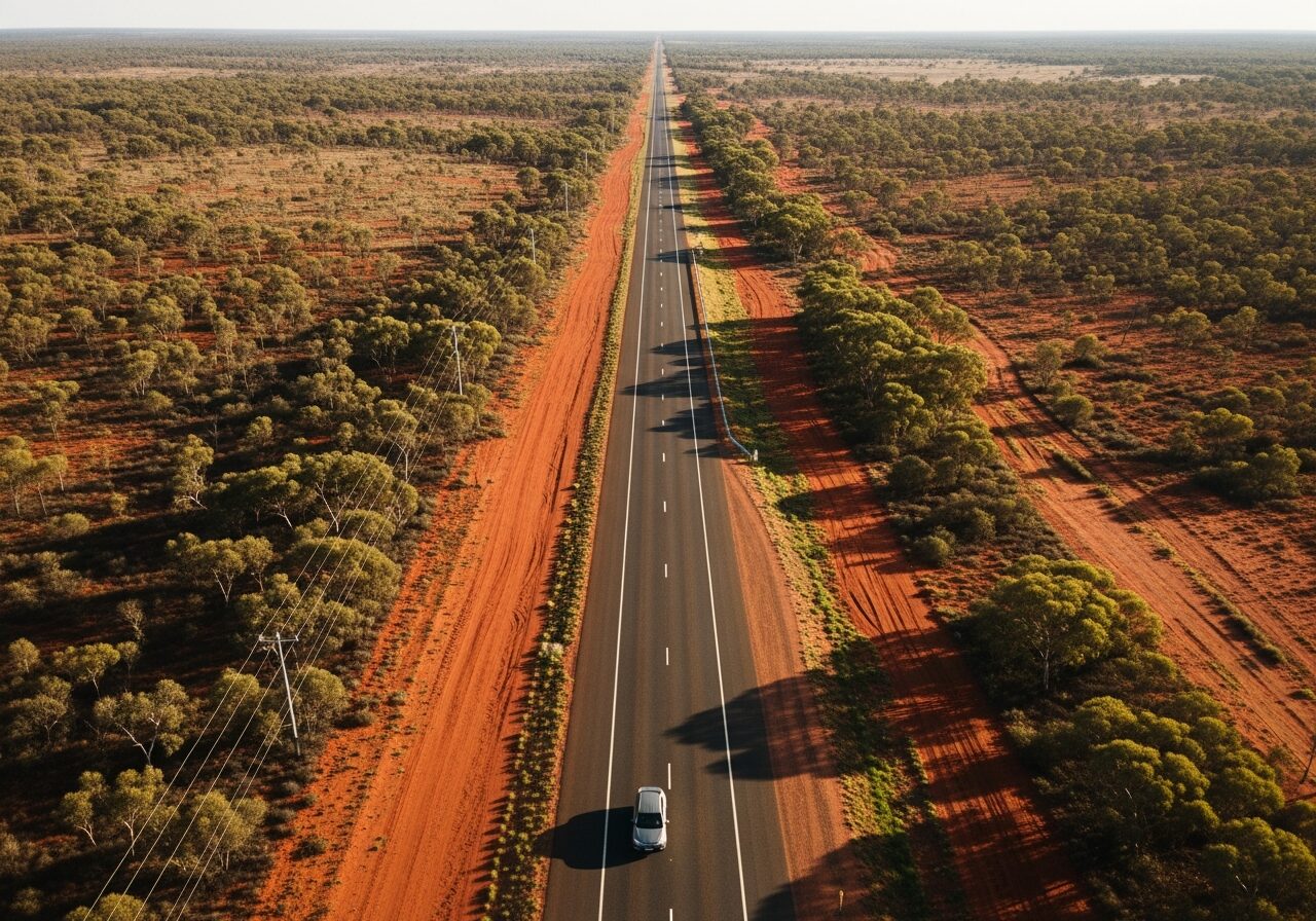Aerial view of an open Australian highway stretching through the outback