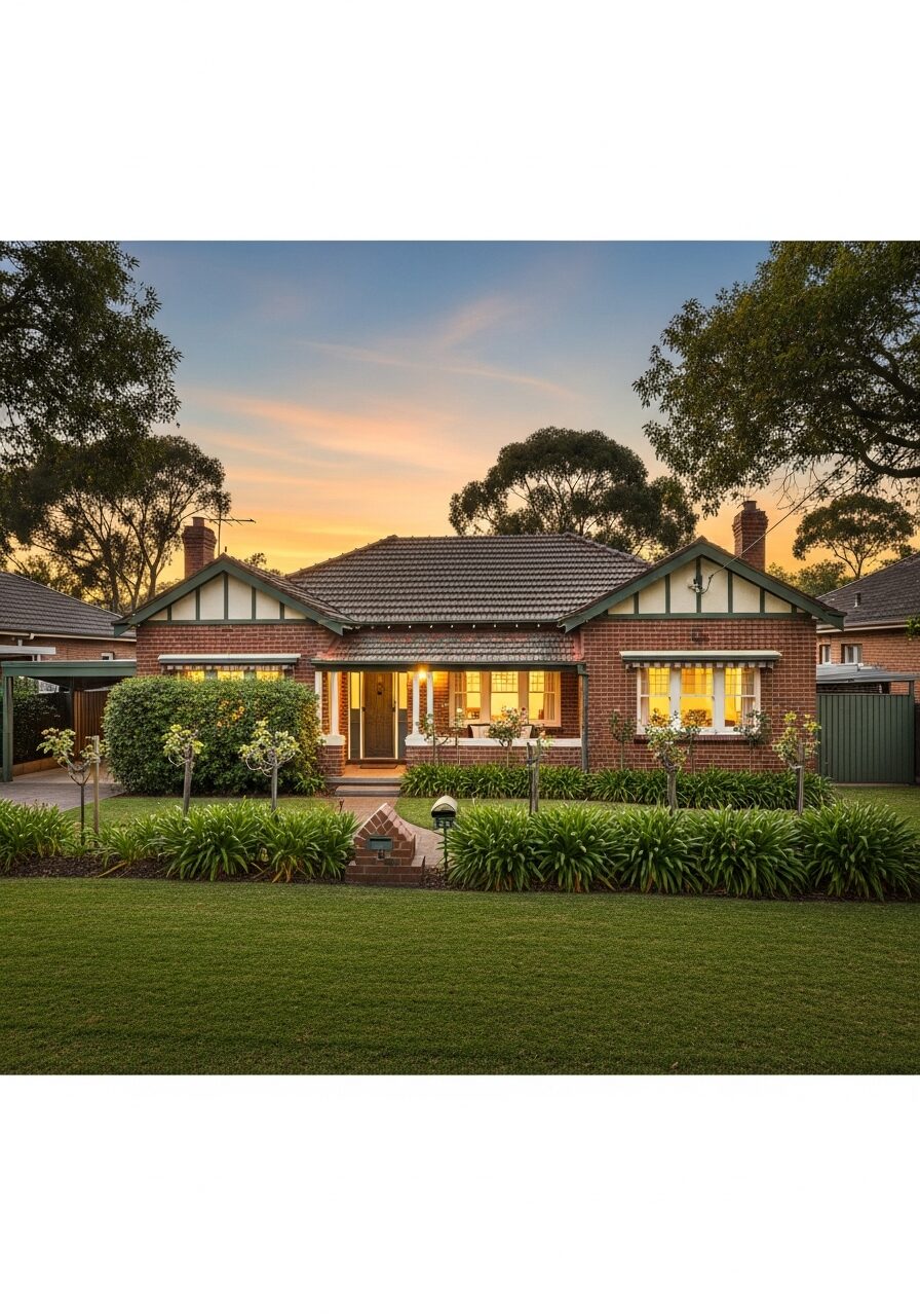 An established Australian family home in a leafy street at golden hour